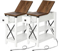 Narrow End Table with Charging Station - Farmhouse Slim Side Table Set of 2, w/USB Ports Power Outlets, Nightstand w/Flip Top Storage Drawer, for Small Spaces Living Room Bedroom, Brown White
