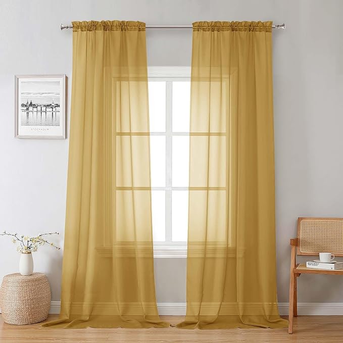 Lecloud Gold Sheer Curtains 96 Inches Long 2 Panels, Breathable Solid Voile by Lecloud