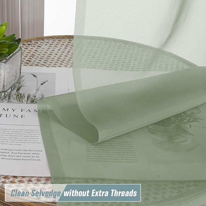Sage Green Sheer Curtains 63 Inch Length 2 Panels, Voile Sheer Curtain - Image 2