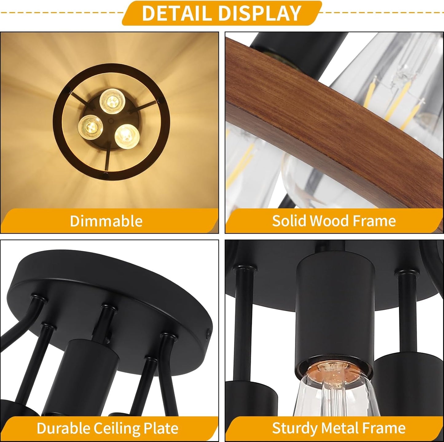 Modern Farmhouse Wood Semi Flush Mount Ceiling Light, Hallway Entryway Light Fixtures, 3-Light Rustic Industrial Ceiling Lamp for Kitchen Bedroom Dining Room Laundry Room Lighting, UL-Listed