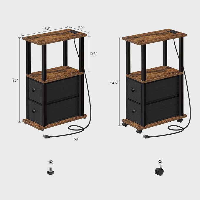 TUTOTAK Small Narrow End Tables, LED Side Tables with 2 Fabric Drawers, Set of 2, Bedside Tables with Charging Station for Small Spaces, Slim Nightstands with USB Ports and Wheels, TB01BB053L