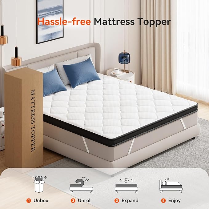 ELEMUSE 3 Inch Queen Memory Foam Mattress Topper, High Density Gel Foam Bed Toppers with Cooling Pillowtop for Back Pain Relief, Medium Firm Mattress Pad for Comfort Body Support