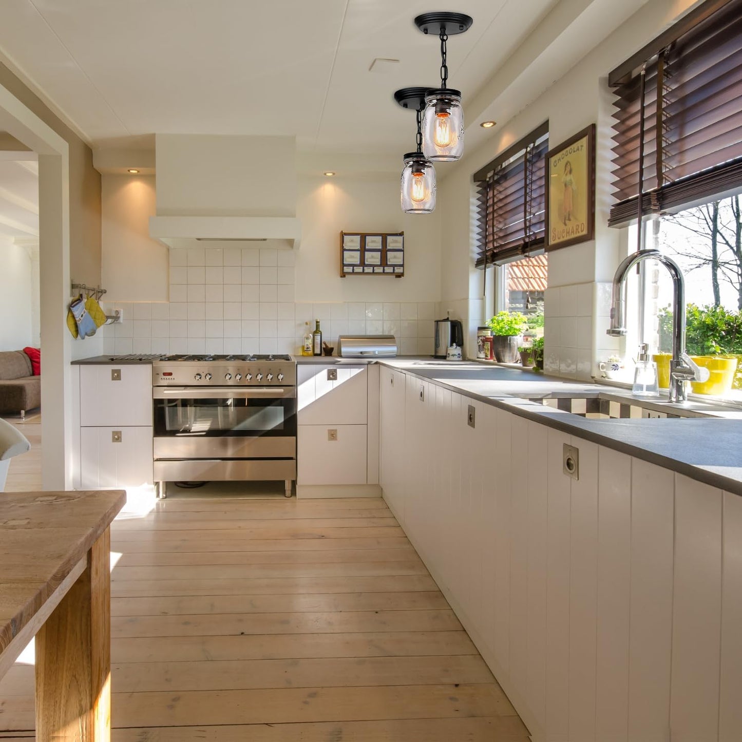 Glass Mason Jar Light Fixtures - Single Pendant Ceiling Light 1-Light Flush Mount - Black Country Farmhouse Lights for Kitchen Dining Room Foyer Stairway Hallway Entryway Porch