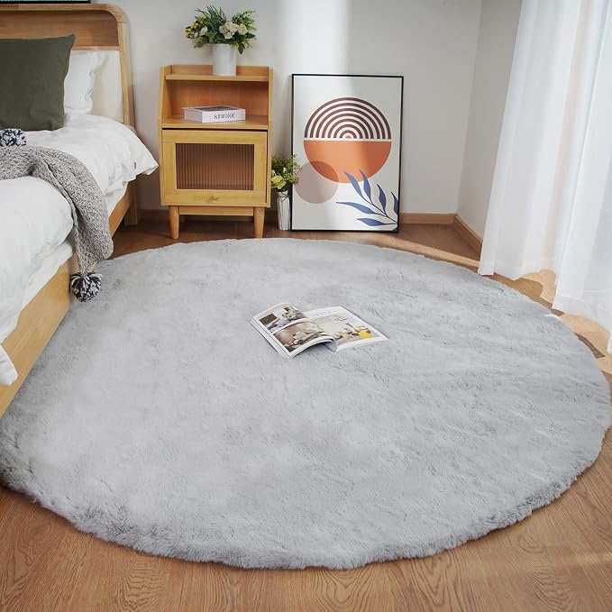 Ghouse Faux Rabbit Fur Round Rug 6ft Grey Round Rugs - Image 2