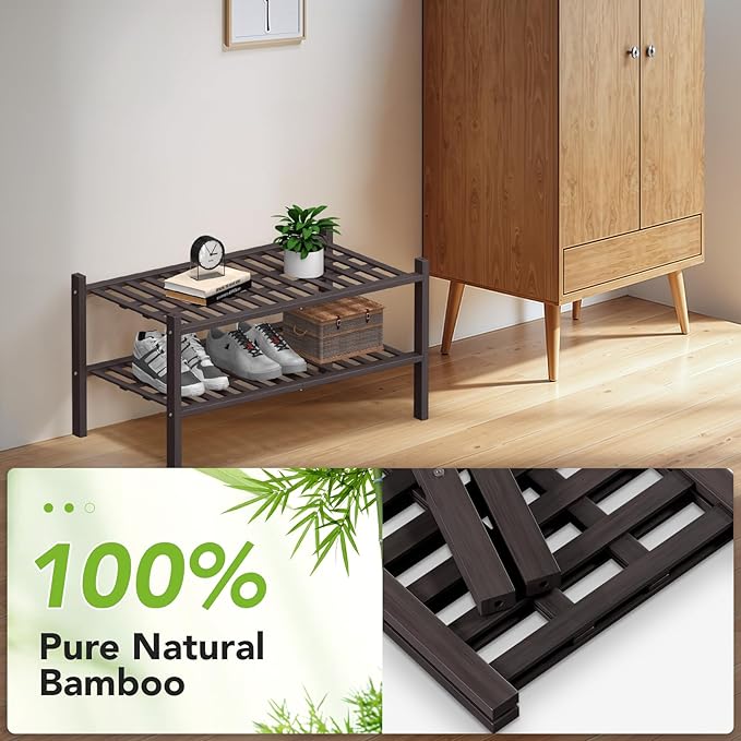 Haddockway Large 2 Tier Bamboo Shoe Rack Storage Organizer, Multifunctional Free Standing Stackable Shoe Shelf with Grid Panel for Closet,Hallway,Entryway,Small Space 27"x12"x14"(Brown, 2-Tier(Large))