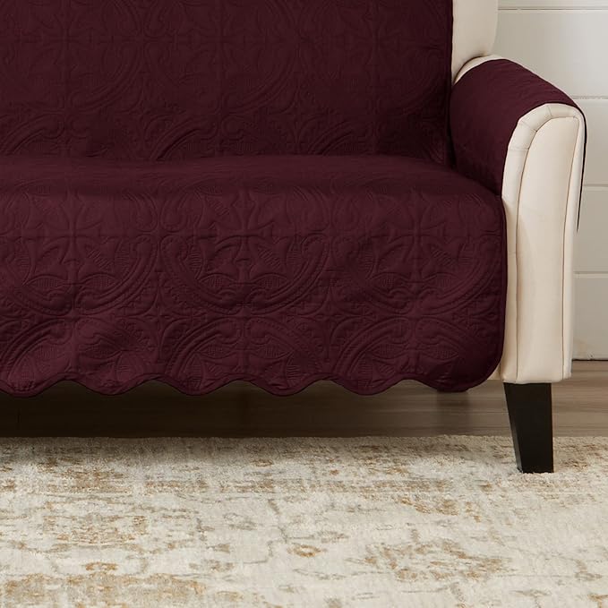Medallion Stitched Solid Furniture Protector Stain Resistant Durable Furniture Protector Elenor Collection (Sofa, Wine/Light Grey)