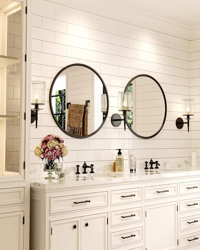 Growsun 24'' Black Round Mirror, Circle Wall Mirror for Bathroom Vanity, Entryway Living Room with Metal Frame for Home Decor