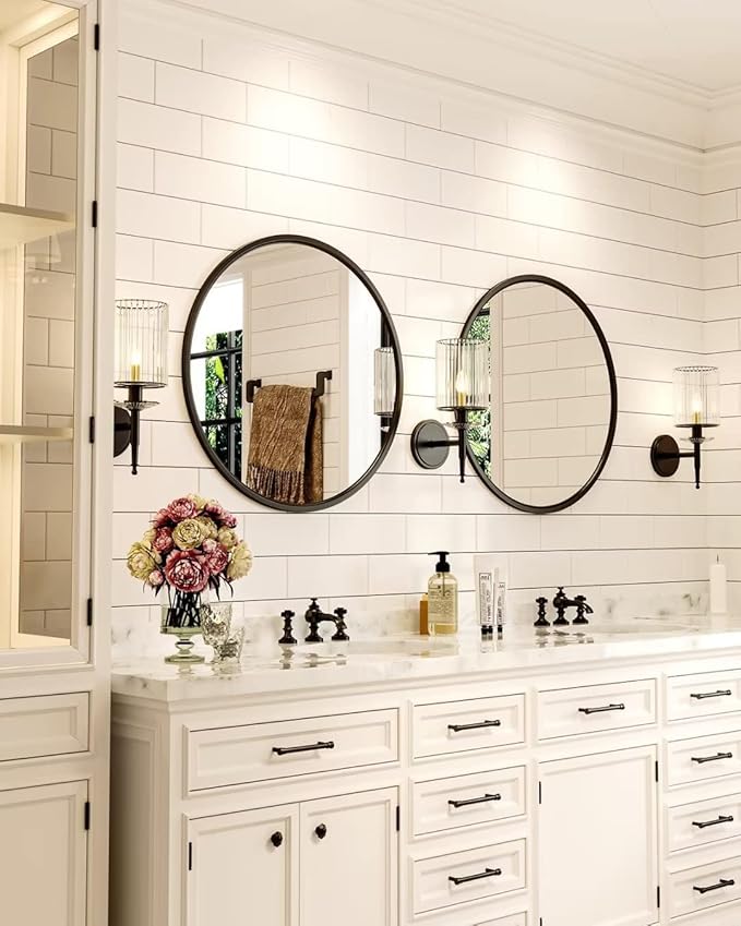 Growsun 24'' Black Round Mirror, Circle Wall Mirror for Bathroom Vanity, Entryway Living Room with Metal Frame for Home Decor, 2 Pack