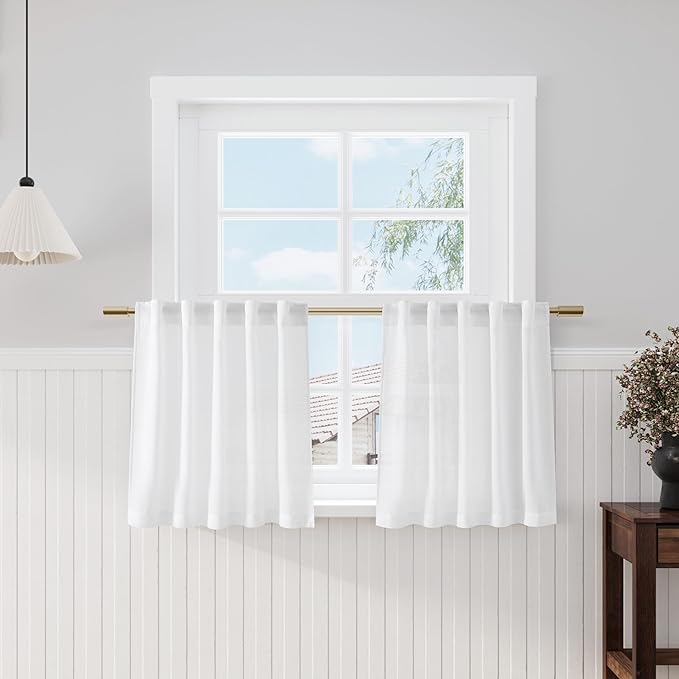 Nanspring White Linen Cafe Curtains 24 Inch Length Light Filtering Semi Sheer by Nanspring