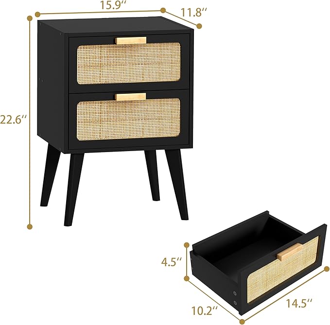 Rattan Nightstand Set of 2,Mid Century Modern Bedside Table with Storage,End Table,Side Table with 2 Hand Made Rattan Decorated Drawers for Livingroom, Bedroom, Black CTG59B-2