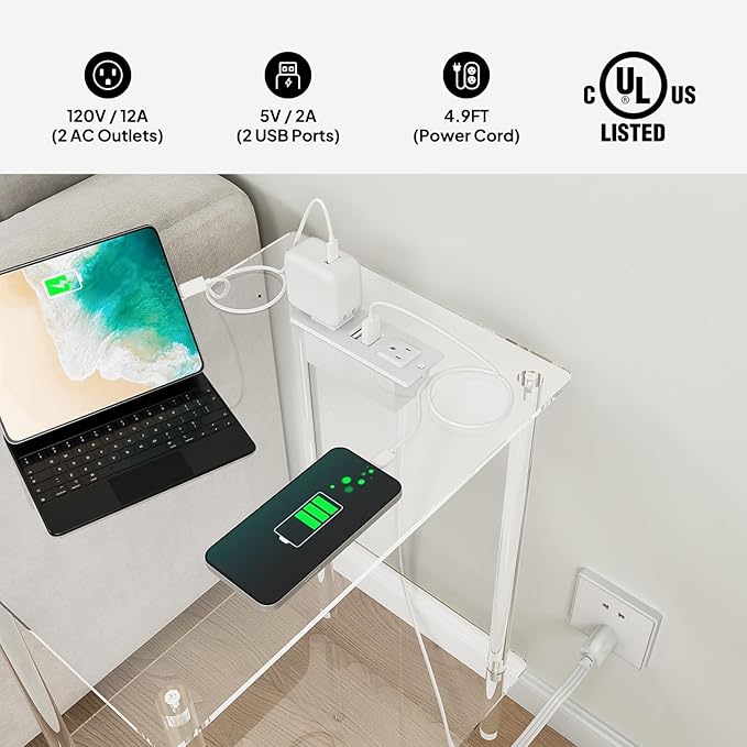 Eglaf Acrylic Side Table Set of 2 with Charging Station & USB Ports - Small End Table - Nightstand Bedside Table for Living Room, Bedroom - 15.7'' L x 11.8'' W x 21.7'' H, 2 Tier