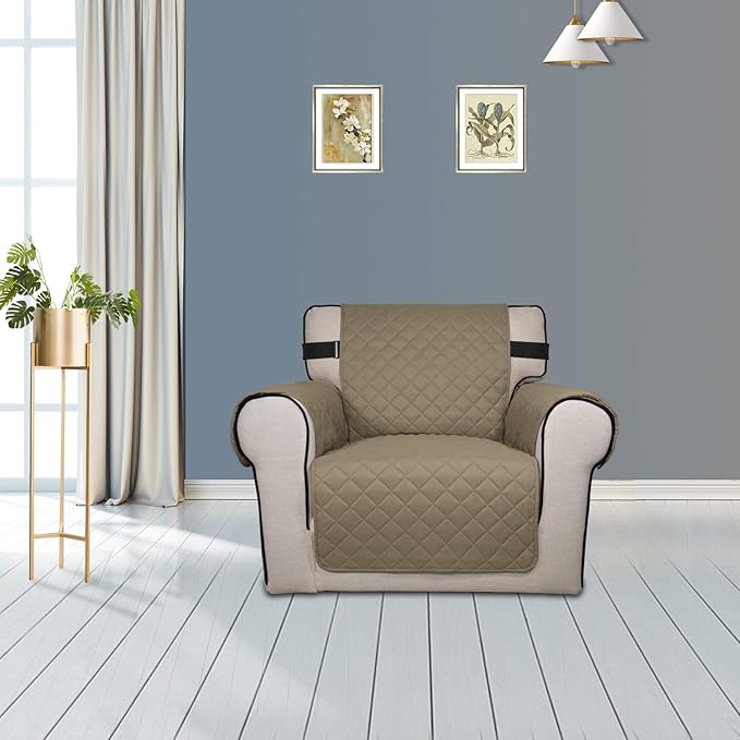 PureFit Reversible Sofa Cover Water Resistant Chair Couch Cover, Machine Washable Furniture Cover with Non-Slip Foam and Adjustable Strap for Dogs, Pets (Chair, Beige/Ivory)