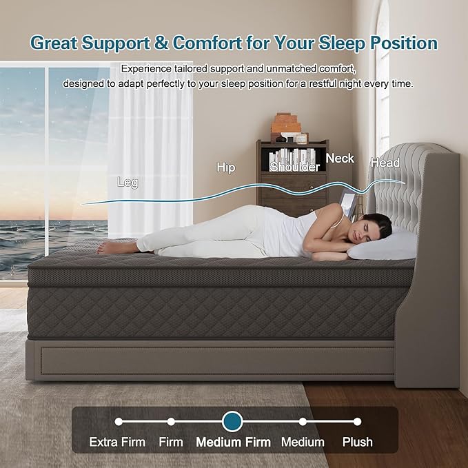 Twin Mattress, 12 Inch Hybrid Mattresses Grey, Euro Top Mattress Medium Firm for Back & Lumbar Support, Individual Pocket Spring Bed for Motion Isolation & Pressure Relief