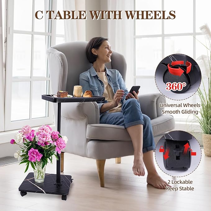 C Table Side Table End Table Adjustable Height，C Shaped End for Couch，Snack Tables,360°Swivel TV Tray Sofa Table， For Small Spaces，Side Tables living room and bedroom for Sofa, Bed,Chair(black)