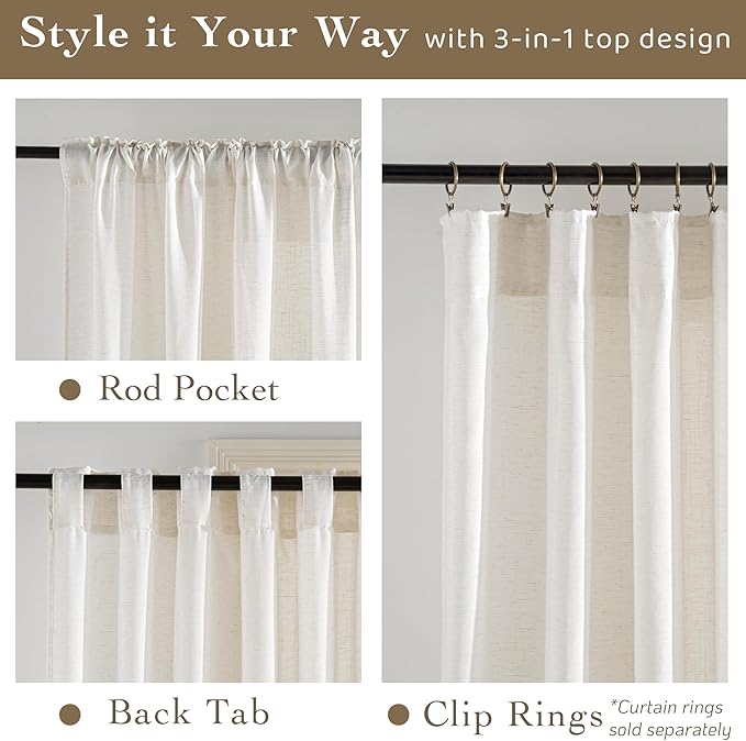 RYB HOME Ivory Sheer Curtains for Living Room, Linen Blend Filter Sunlight - Image 2