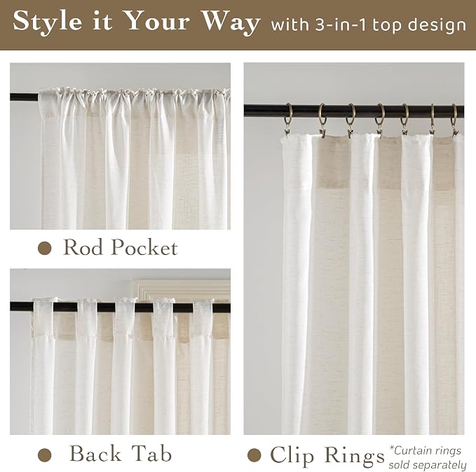 RYB HOME Linen Sheer Curtains Extra Long Window Drapes Light & Airy Translucent - Image 2