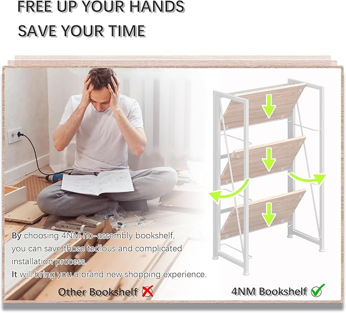 4NM No-Assembly Folding Bookshelf Storage Shelves 3 Tiers Vintage Bookcase Standing Racks Study Organizer Home Office (Natural White)