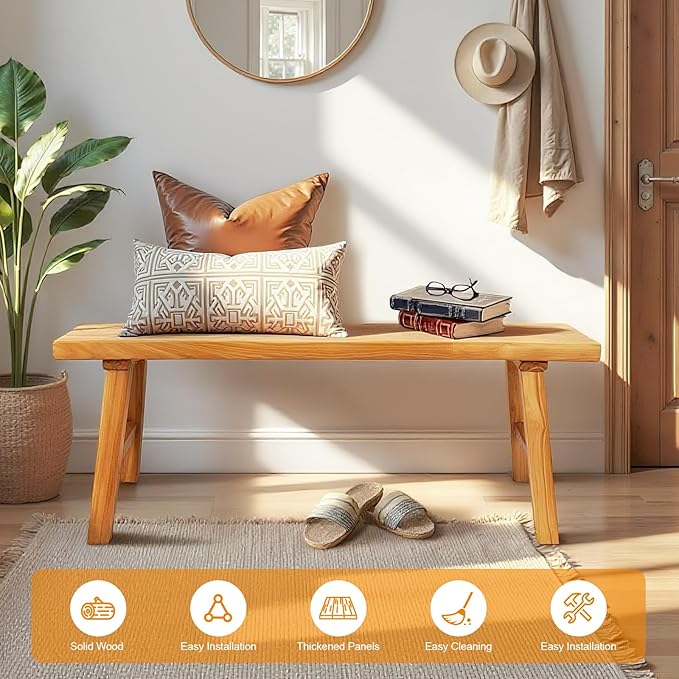 Farmhouse Solid Wood Bench: Long Rustic Indoor Narrow Wooden Bench for Entryway,Living Room, Dining Room,End of Bed,Hallway (31.5" Lx10 Wx18 H)