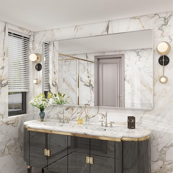 Brushed Nickel Bathroom Mirror 72x40 Inch, Brushed Silver Metal Frame Mirror Wall Mounted, Rounded Rectangle Bathroom Vanity Mirror, Tempered Glass, Anti-Rust, Horizontal/Vertical