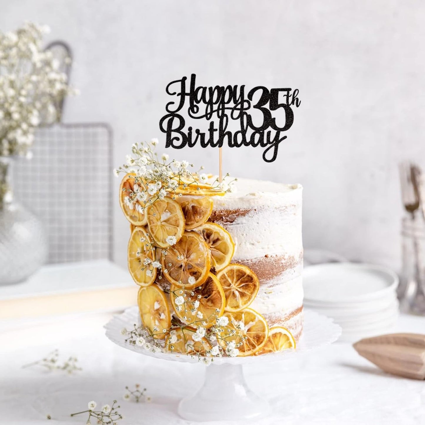 1 PCS Happy 35th Birthday Cake Topper Glitter Cheers to 35 Years Birthday Cake Pick 35 Fabulous Cake Decoration for Happy 35th Birthday Theme Party Decorations Supplies Black