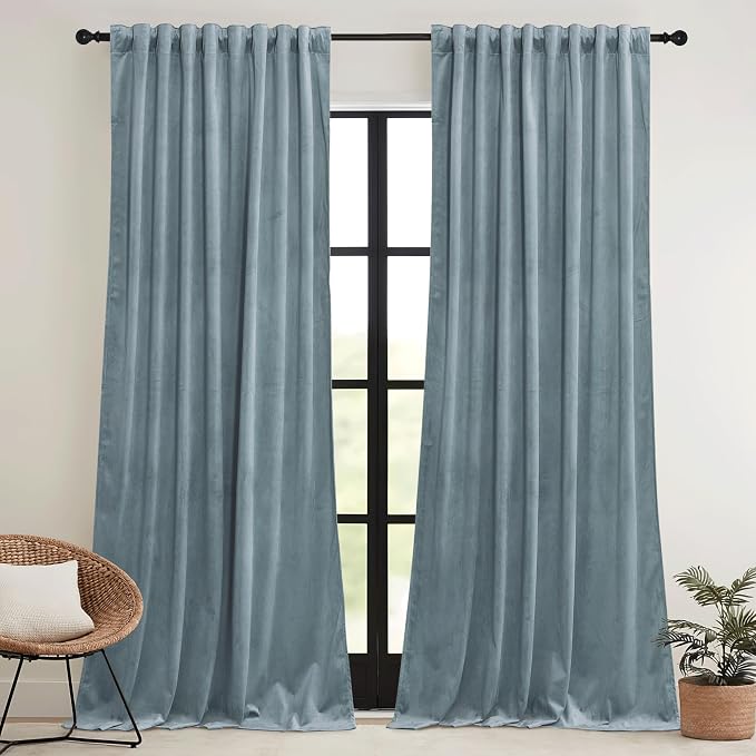 RYB HOME Stone Blue Velvet Curtains 102 inches - Image 2