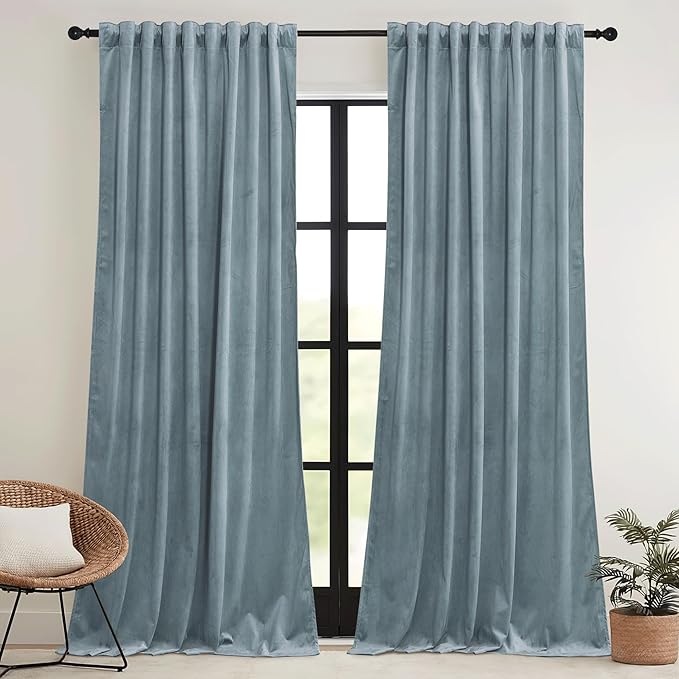 RYB HOME Stone Blue Velvet Curtains 90 inches Long - Image 2