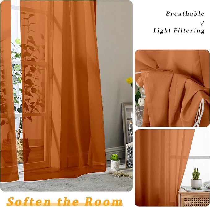 Gwine Burnt Orange Sheer Curtain Tiers 24 Inch Length, Light Filtering Voile - Image 5