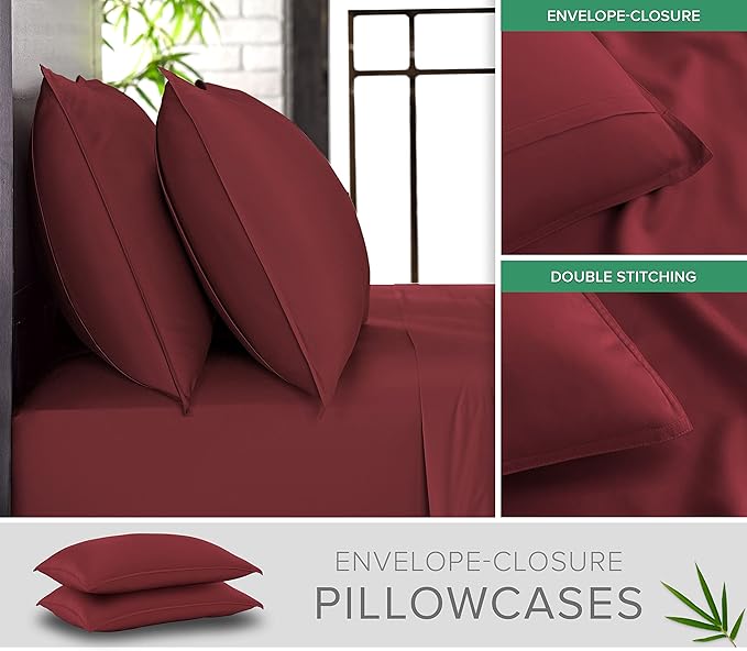 King Sheets by Pure Bamboo, Genuine 100% Organic Viscose Derived from Bamboo Bed Sheet Set, Luxuriously Soft & Cooling, Double Stitching, Lifetime Quality Promise (King, Merlot)
