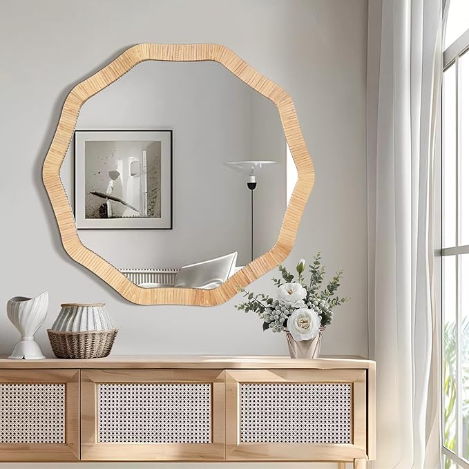 ULIKE Rattan Mirror for Wall, Bathroom 30 Inch Rustic Farmhouse Wall Decor with Handmade Wicker Frame, Boho Woven Mirror for Nursery Bedroom Living Room Entryway