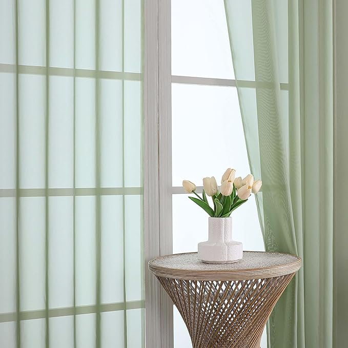 OVZME Sage Green Sheer Curtains 63 Inches Long 2 Panels Set, Light Filtering - Image 3