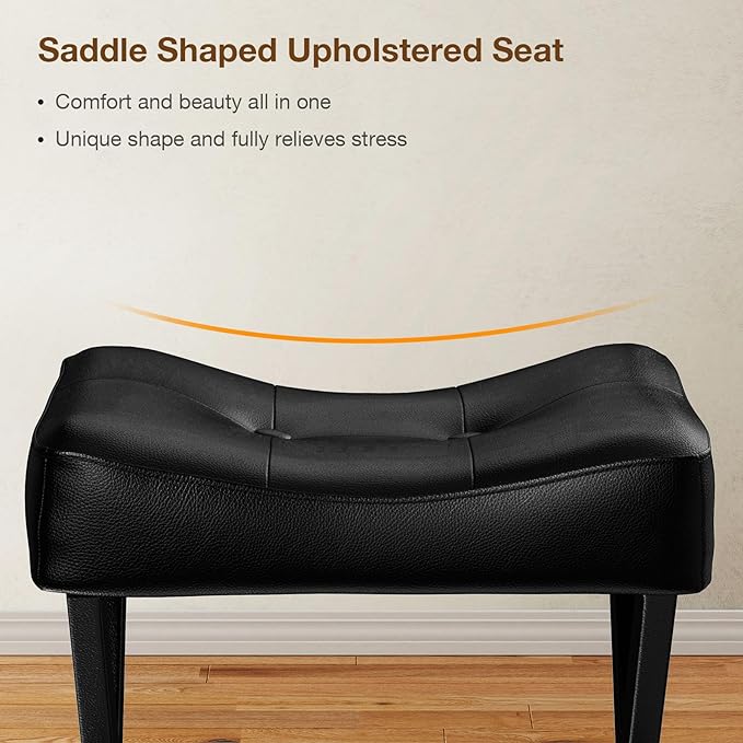 18-Inch Leather Vanity Stool Chair, Vanity Bench with Metal X-Leg, Ottoman Foot Stool with Thick Padded Saddle Seat, Black