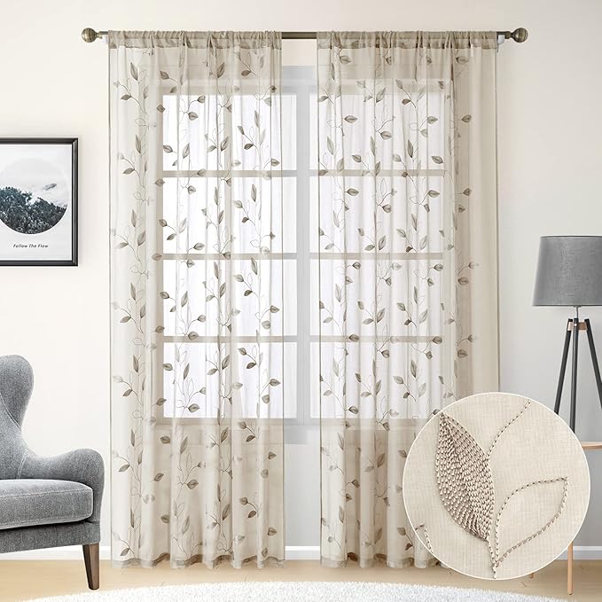 HOMEIDEAS Taupe Sheer Curtains 52 X 84 Inches Long 2 Panels Beige Embroidered by HOMEIDEAS