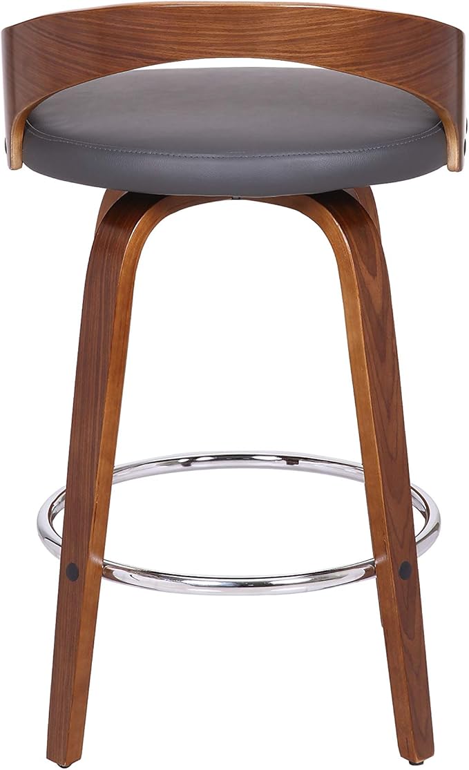 Armen Living Sonia 26" Counter Height Swivel Gray Faux Leather and Walnut Wood Bar Stool