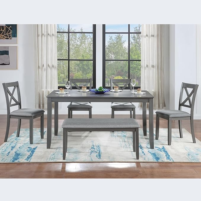 KEIKI 6-Piece Standard Height Dining Table Set with Rectangular Table, 4 Upholstered X-Shaped Backrset Chair, Bench, for 6 Person, Modern Style Table Set, Easy Assembly, for Kitchen, Dining Room, Gray