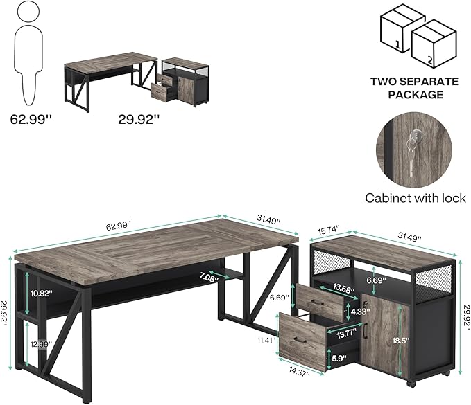 Tribesigns L Shaped Desk with Drawer Cabinet, 63" Executive Computer Desk and lateral File Cabinet, 2 Piece Home Office Furniture with Drawers for Hanging File, Doors with Locks (Gray, 63 inches)
