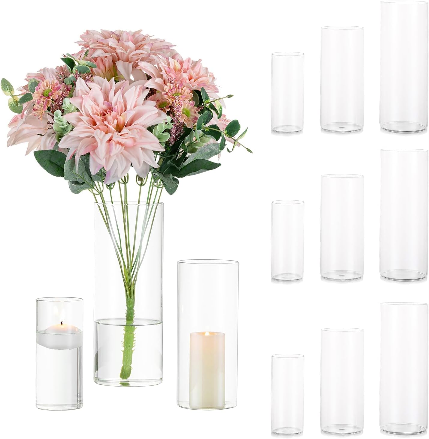 Glasseam Cylinder Vases Set of 12, Hurricane Candle Holder Clear Assorted Sizes, Modern Glass Cylinder Vase, Glass Vases for Centerpieces for Home Decor Wedding Centerpieces, Events, 6''+7.8''+10''