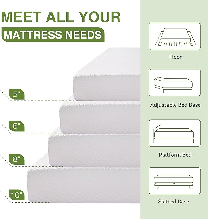 Twin XL Memory Foam Mattress, 8 Inch Bed Mattress in a Box with Cooling Green Tea Gel, Relieve Pressure with Medium Support, CertiPUR-US Certified, 80''L x 38''W, White