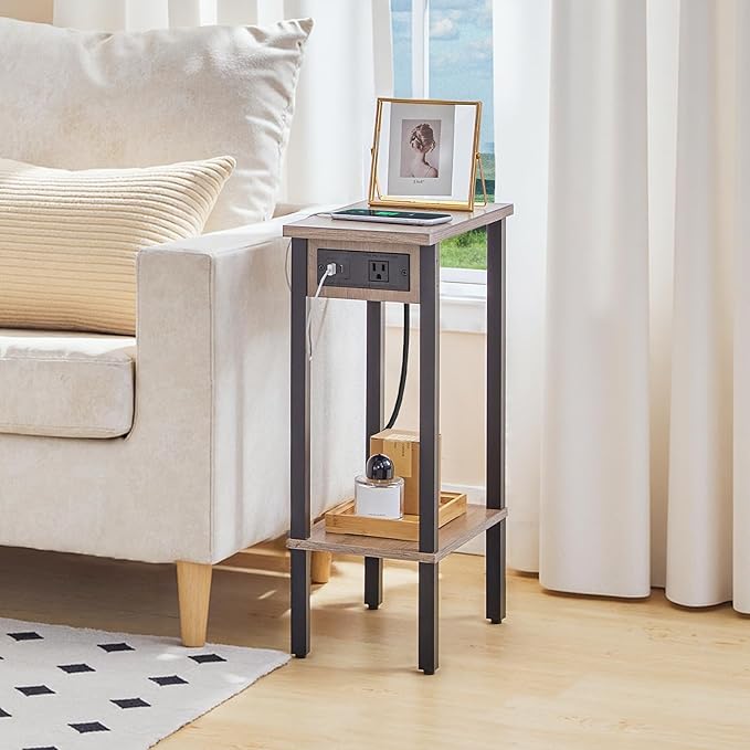 HOOBRO Small End Table with Charging Station, Narrow Side Table with USB Port and Outlets, Skinny Sofa Table, Slim Nightstand, Living Room, Bedroom, Greige and Black BG240UBZ01