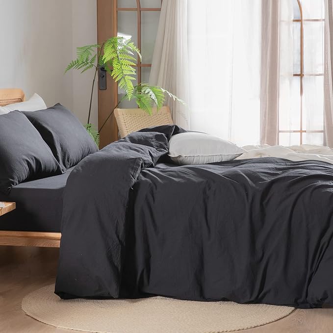 BESTOUCH Duvet Cover Set 100% Washed Cotton Linen Feel Super Soft Comfortable Chic Lightweight 3 PCs Home Bedding Set Solid Deep Black Cal King