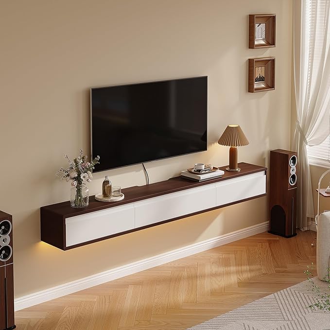 Floating TV Stand High Gloss,55'' Wall-Mounted TV Cabinet,Floating TV Console,Under TV Shelf with 3 Doors for Living Room Bedroom(Walnut+White)