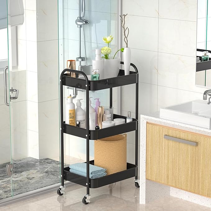 3-Tier Rolling Metal Storage Cart with Wheels, Multi-Functional Organizer for Office, Kitchen, Bathroom, Books Diapers - Easy Assembly (Black)