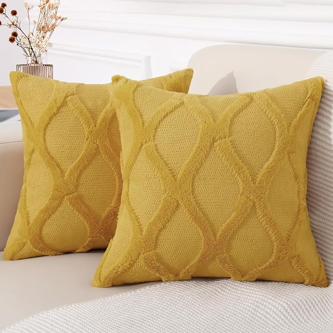 decorUhome Fall Throw Pillow Covers 16x16 Inch Set of 2, Soft Plush Faux Fur Wool Mustard Yellow Couch Pillow Covers, Decorative Neutral Pillow Cases for Bed Sofa Living Room Home Decor