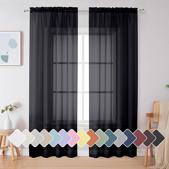 Simplebrand Black Sheer Curtains 84 Inches Long, Light Filtering Rod Pocket by Simplebrand