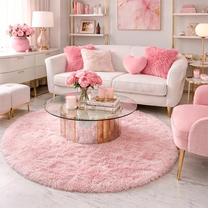 Amdrebio Light Pink Small Cute Round Rug 3Ft - Image 7