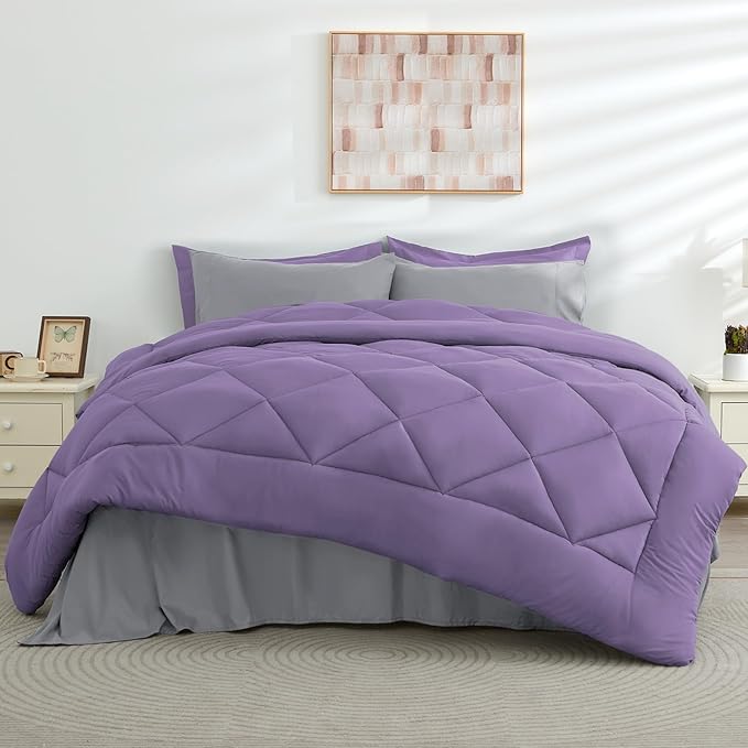 HEVUMYI Twin-XL Comforter Set - 5-Piece All Season Bed in a Bag Twin-XL, Ultra Soft Bedding Set with Comforter, Flat Sheet, Fitted Sheet, Pillowcases, Pillow Shams, Purple & Light Grey