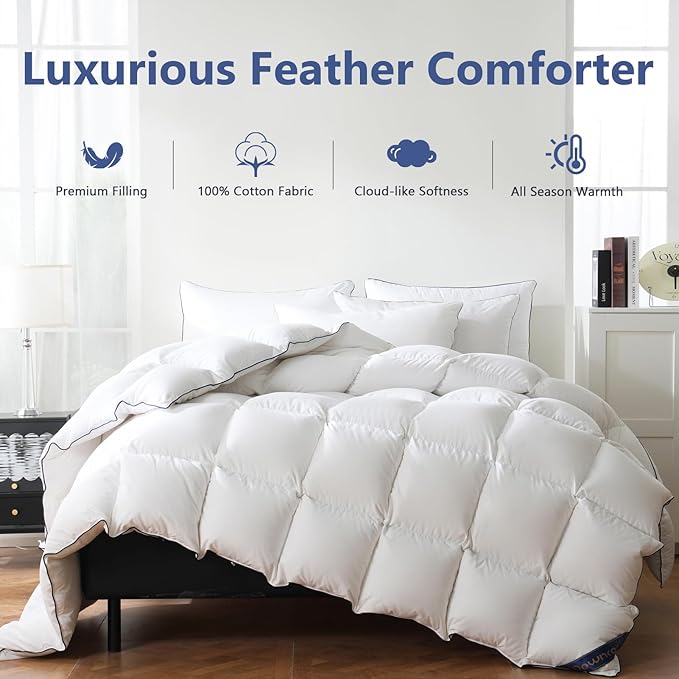 DOWNCOOL Feather Comforter King Size, White Fluffy Duvet Insert King with Ultra Soft 100% Cotton Cover, All Season Luxurious Hotel Bed Comforter with Corner Tabs, 106"x90"