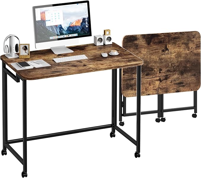 JSB Small Folding Computer Desk with Storage Bag and Hook Writing Modern Industrial Work Table Laptop for Home Office White (Rustic & Brown, 31.5")