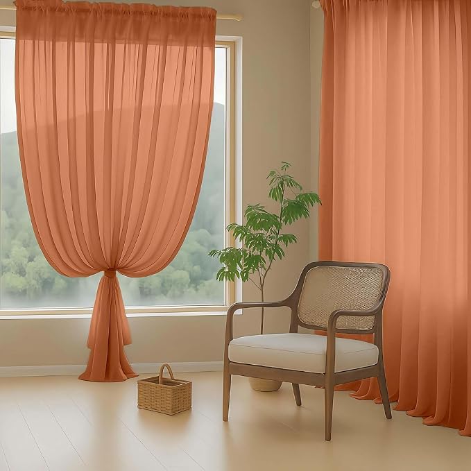 Orange Sheer Curtains 63 Inch Length 2 Panels, Voile Sheer Curtain - Image 8