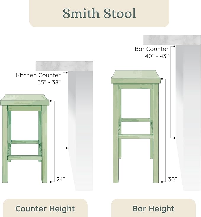 Grain & Grove Smith Collection Set of 2 Solid Wood Counter Height Bar Stools, 24-Inch Saddle Seat Backless Stools, Ideal for Kitchen Island, Dining, or Home Bar Seating, Black