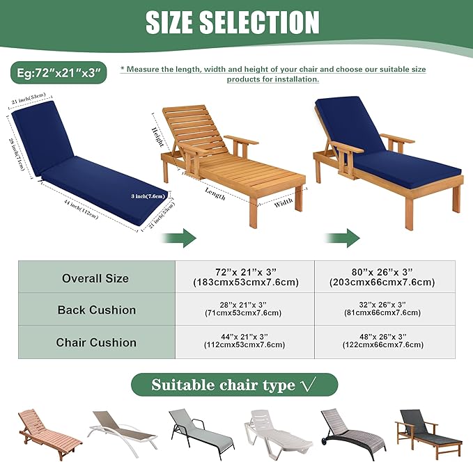 Chaise Lounge Cushions Outdoor Set of 4 - Waterproof and Fade Resistant Sun Lounger Replacement Cushions - Patio Lounger Pads with Removable Cover for Pool, Deck, 80 x 26 x 3 Inch, Navy